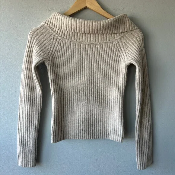 Oak + Fort Ribbed Funnel Neck Knit Sweater Oatmeal Beige Size XS Minimal Cozy - Picture 1 of 9